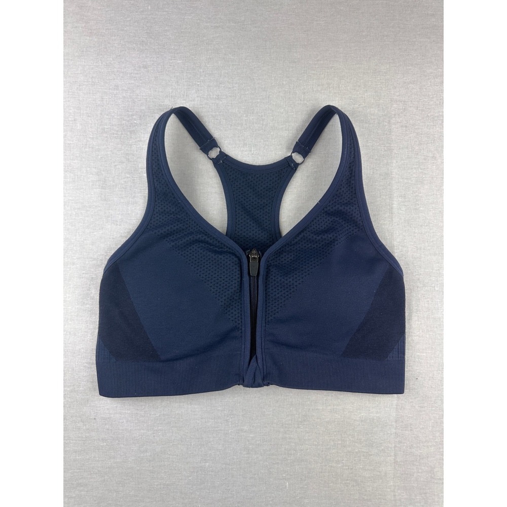 Xersion Womens Navy Blue Front Zip Medium Support Racerback Sports Bra Size S